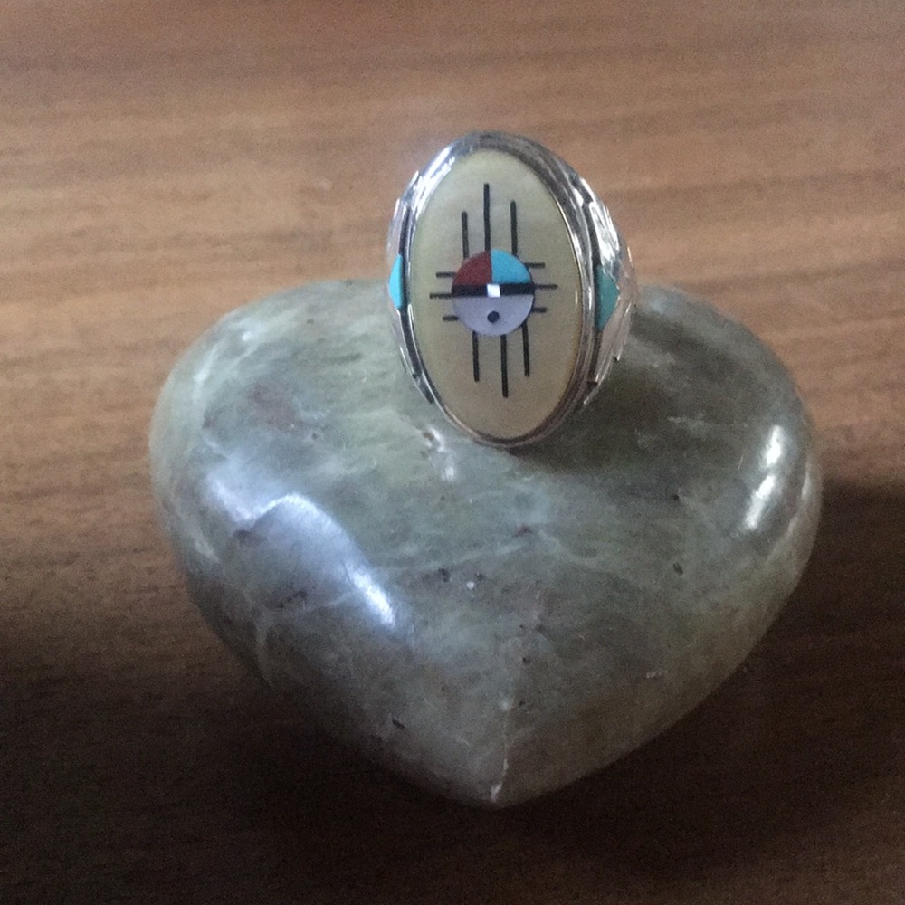 Zuni Sun Inlaid Ring. Sterling silver. Artist signed “Hustito”. Size 11.5